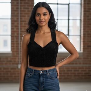 ZARA Black Velvet Cropped Button-Up Vest